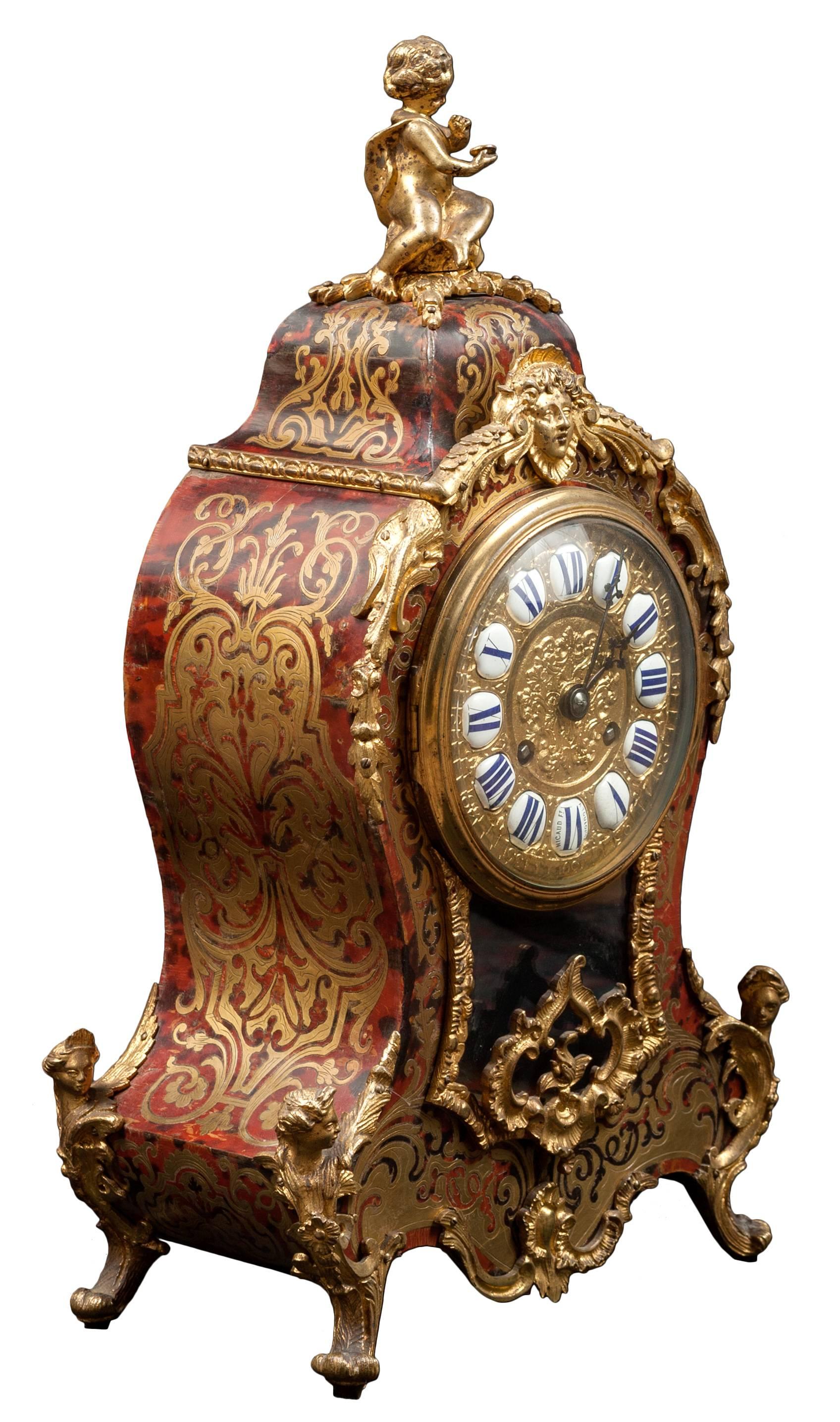 19th Century Louis XV Style Tortoiseshell Boulle Mantel Clock with Matching Shelf