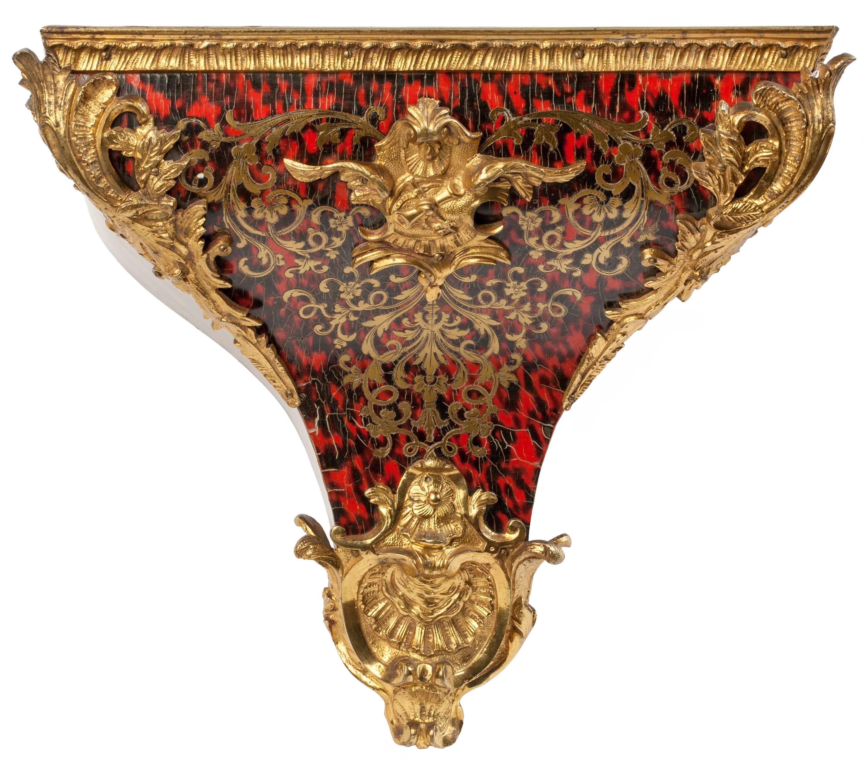Brass Louis XV Style Tortoiseshell Boulle Mantel Clock with Matching Shelf