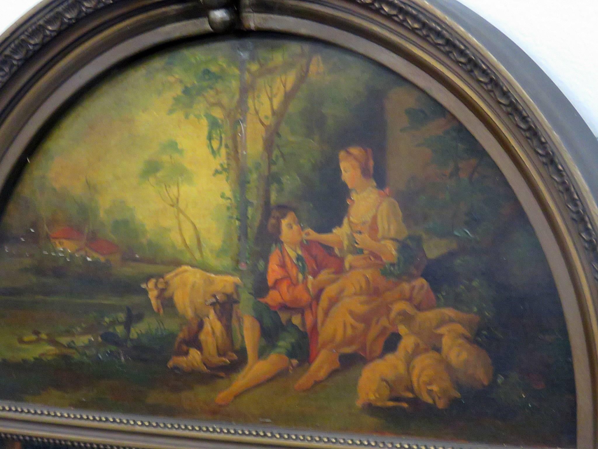 italien Miroir Trumeau français de style Louis XV avec peinture à l'huile d'une scène de peinture au pastel en vente