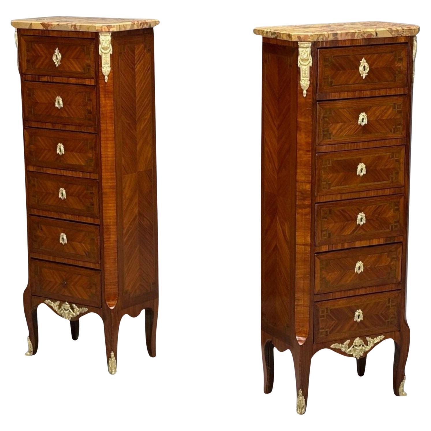 Louis XV Style, Tulipwood, Marquetry, Marble, Lingerie Chests, France, 1910s For Sale