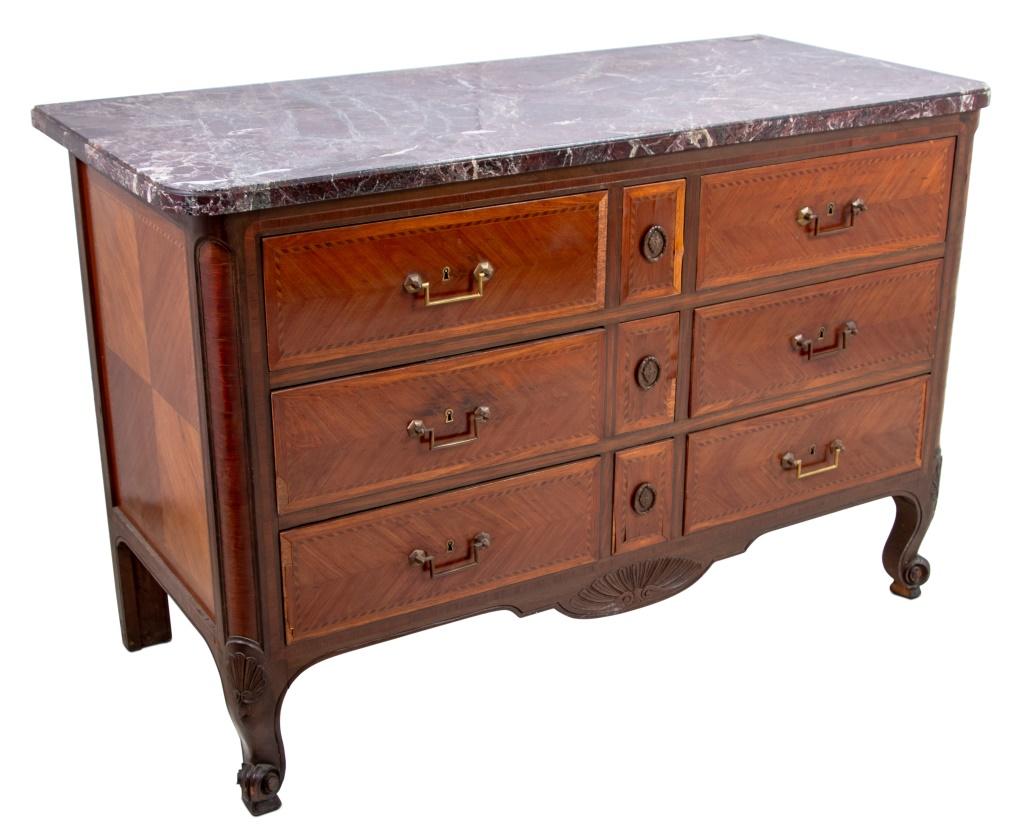 Louis XV Style Tulipwood and Crossbanded Rouge Marble Top Commode, late 19th century, retailed by A. Mailfert, Orleans, the rounded rectangular molded marble top above an arrangement of six drawers on short cabriole legs. 35