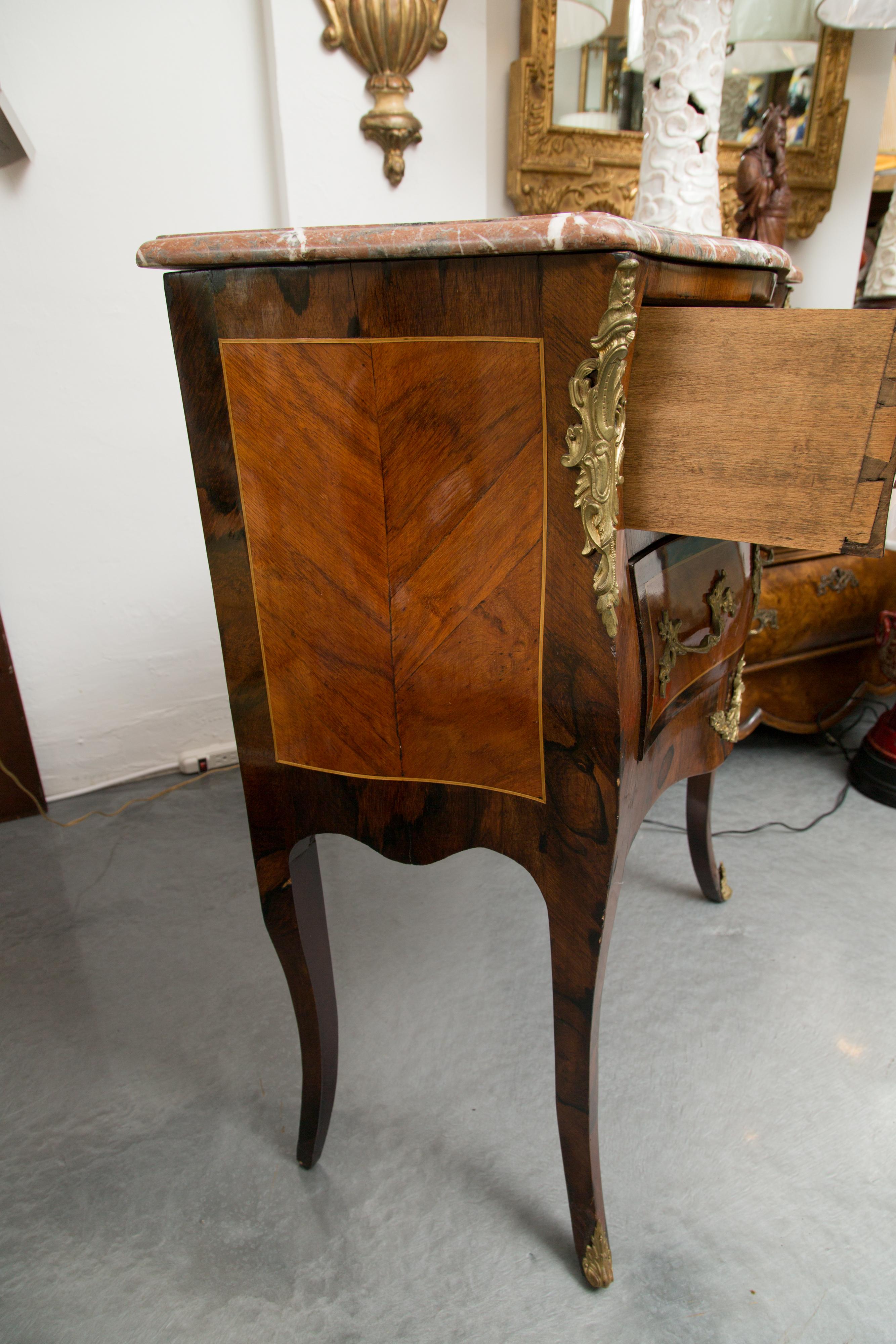 Veneer Louis XV Style Two-Drawer Commode with Marble Top, 20th Century For Sale