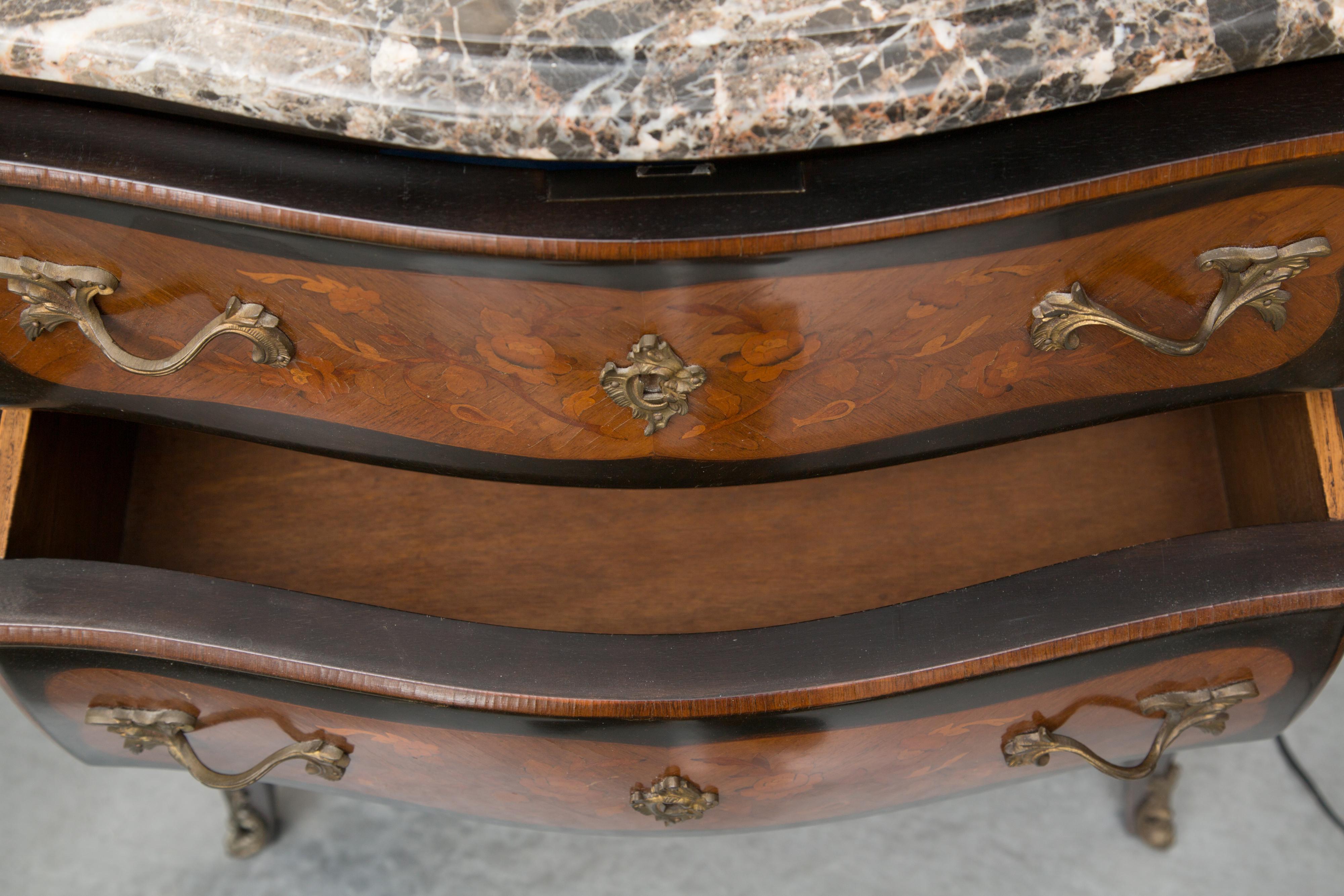 Wood Louis XV Style Two-Drawer Commode with Varigated Marble Top