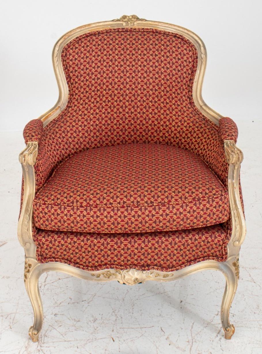 Louis XV style upholstered cerused painted wood cabriolet arm chair.

Dimensions: 36.5