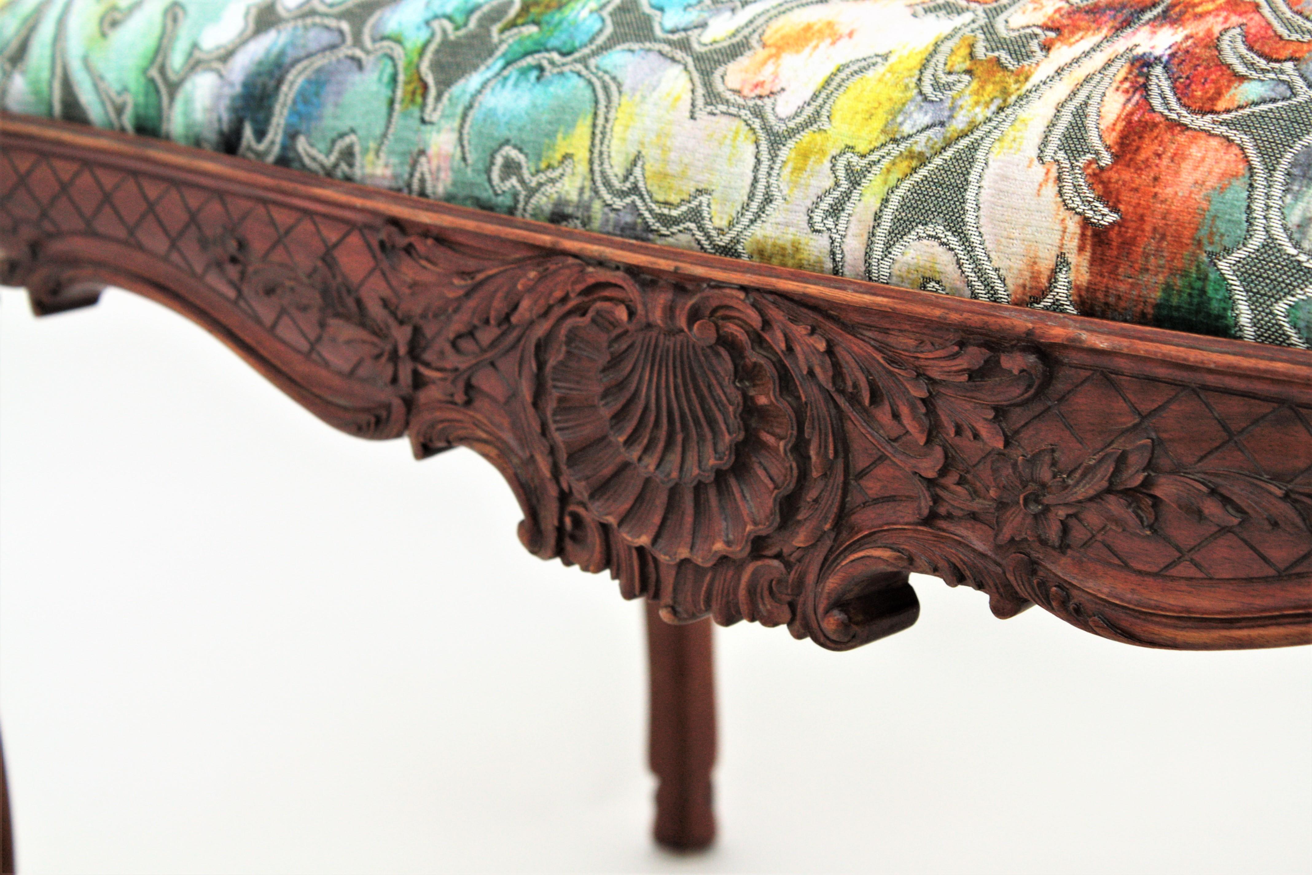 Velvet Louis XV Style Upholstered Bench For Sale