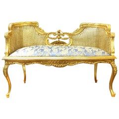 Louis XV Style Upholstered Bench with Caned Back