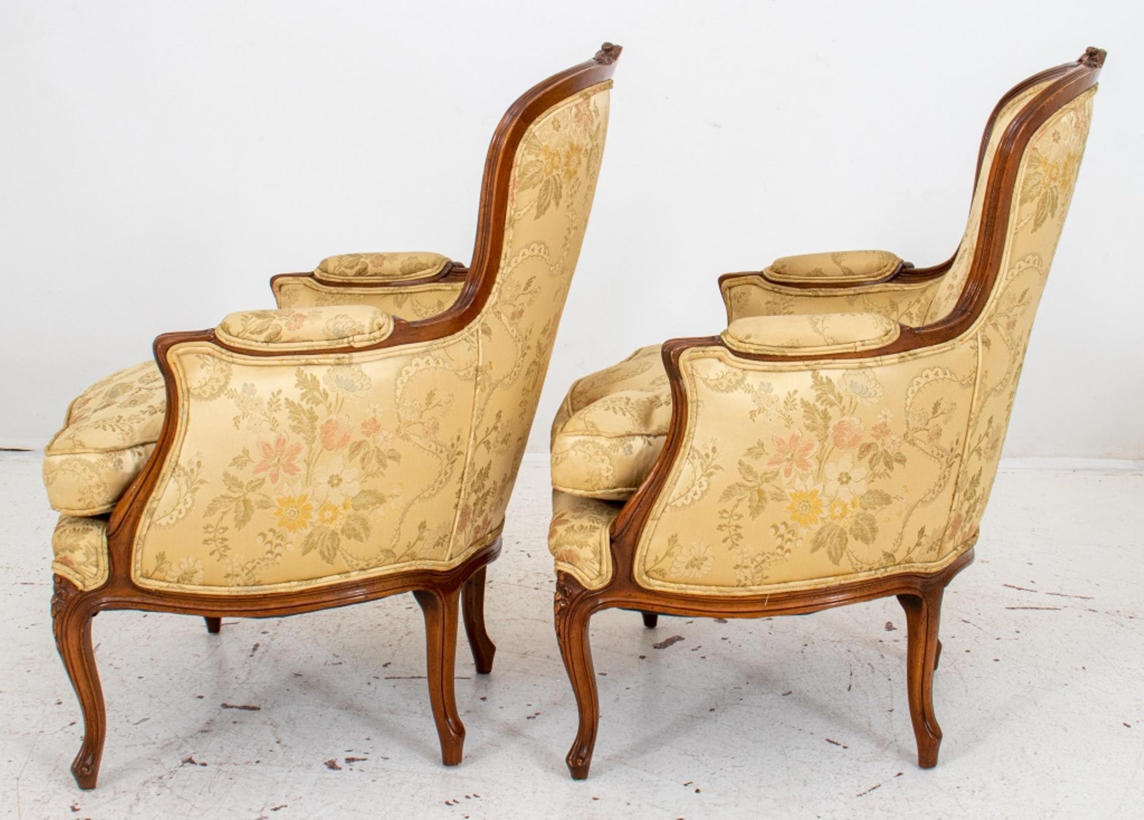 Louis XV Style Upholstered Bergere Arm Chairs, Pair 1