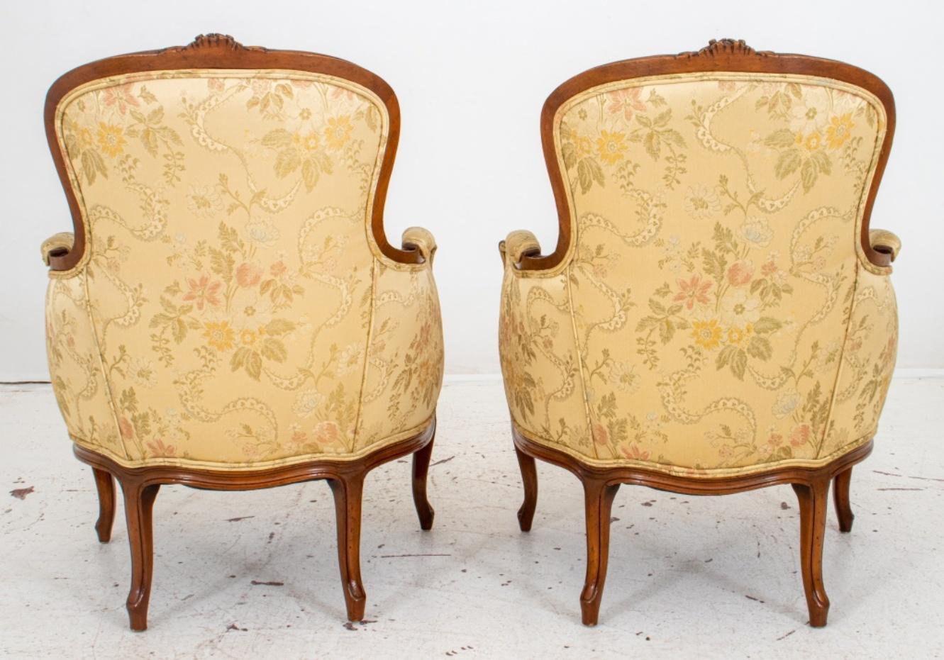 Louis XV Style Upholstered Bergere Arm Chairs, Pair 3