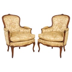 Louis XV Style Upholstered Bergere Arm Chairs, Pair