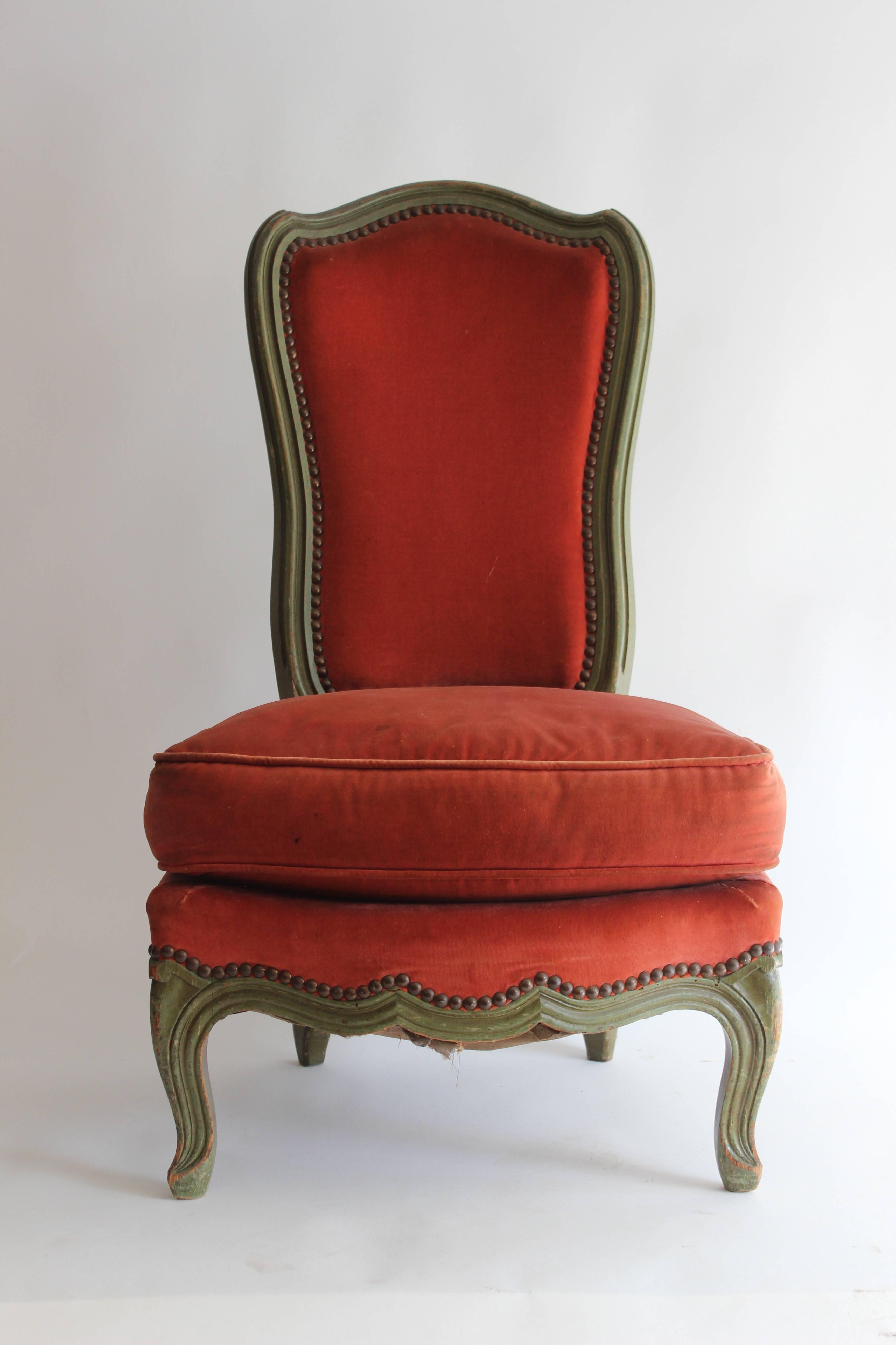 Louis XV Style carved and painted slipper chair having shaped back over loose cushion seat, with cabriole legs, circa 1930.