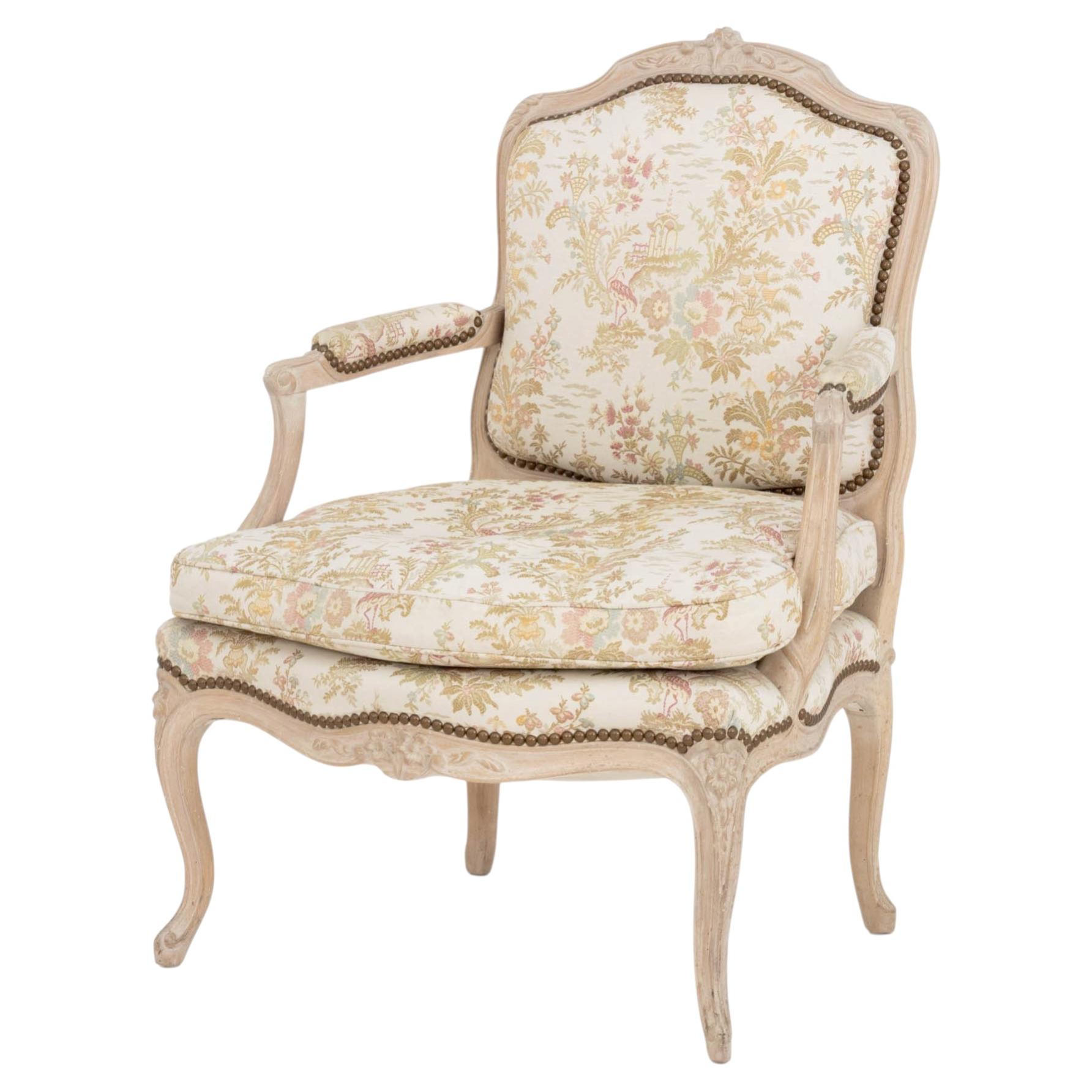 Louis XV Style Cane Paneled Back Fauteuil with Chinoiserie Style Upholstery For Sale