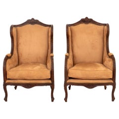 Louis XV Style Velvet Covered Bergeres, Pair