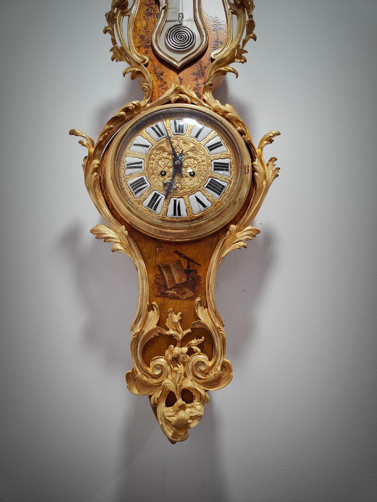 Bronze Louis XV Style Vernis Martin Cartel Clock and Thermometer, circa 1740 For Sale