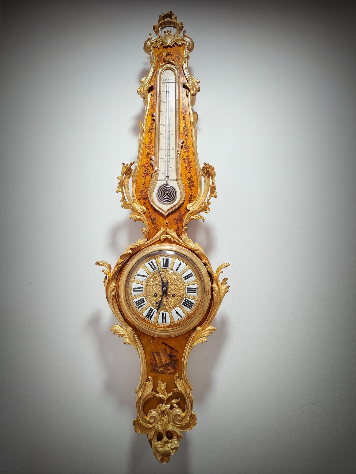 Louis XV Style Vernis Martin Cartel Clock and Thermometer, circa 1740 For Sale 1