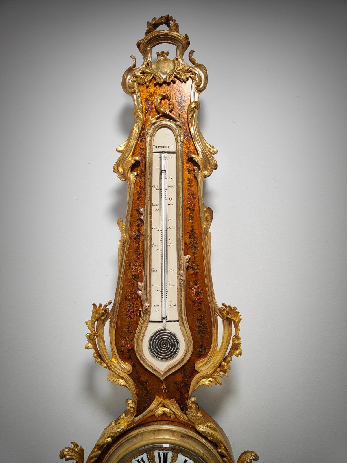 Hand-Crafted Louis XV Style Vernis Martin Cartel Clock and Thermometer, circa 1740 For Sale
