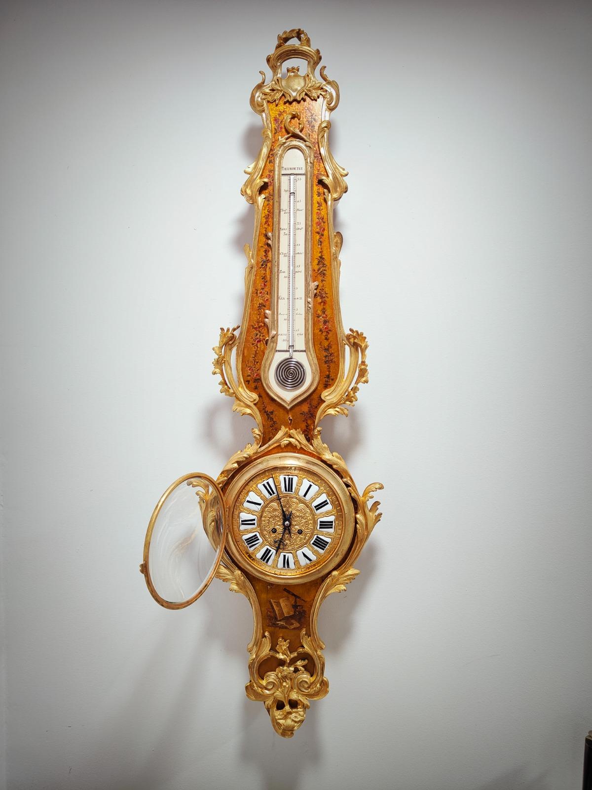 18th Century and Earlier Louis XV Style Vernis Martin Cartel Clock and Thermometer, circa 1740 For Sale