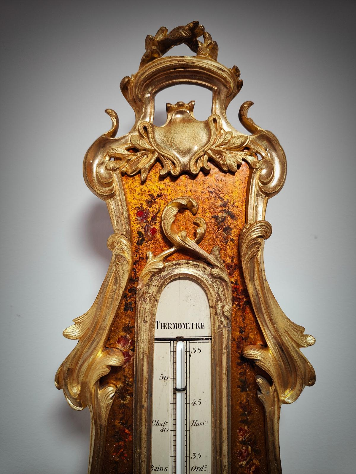 Bronze Louis XV Style Vernis Martin Cartel Clock and Thermometer, circa 1740 For Sale