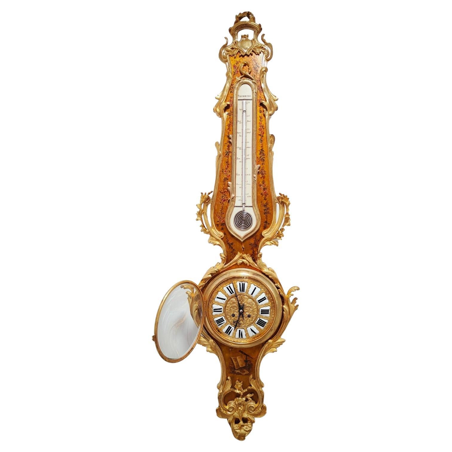 Louis XV Style Vernis Martin Cartel Clock and Thermometer, circa 1740 For Sale