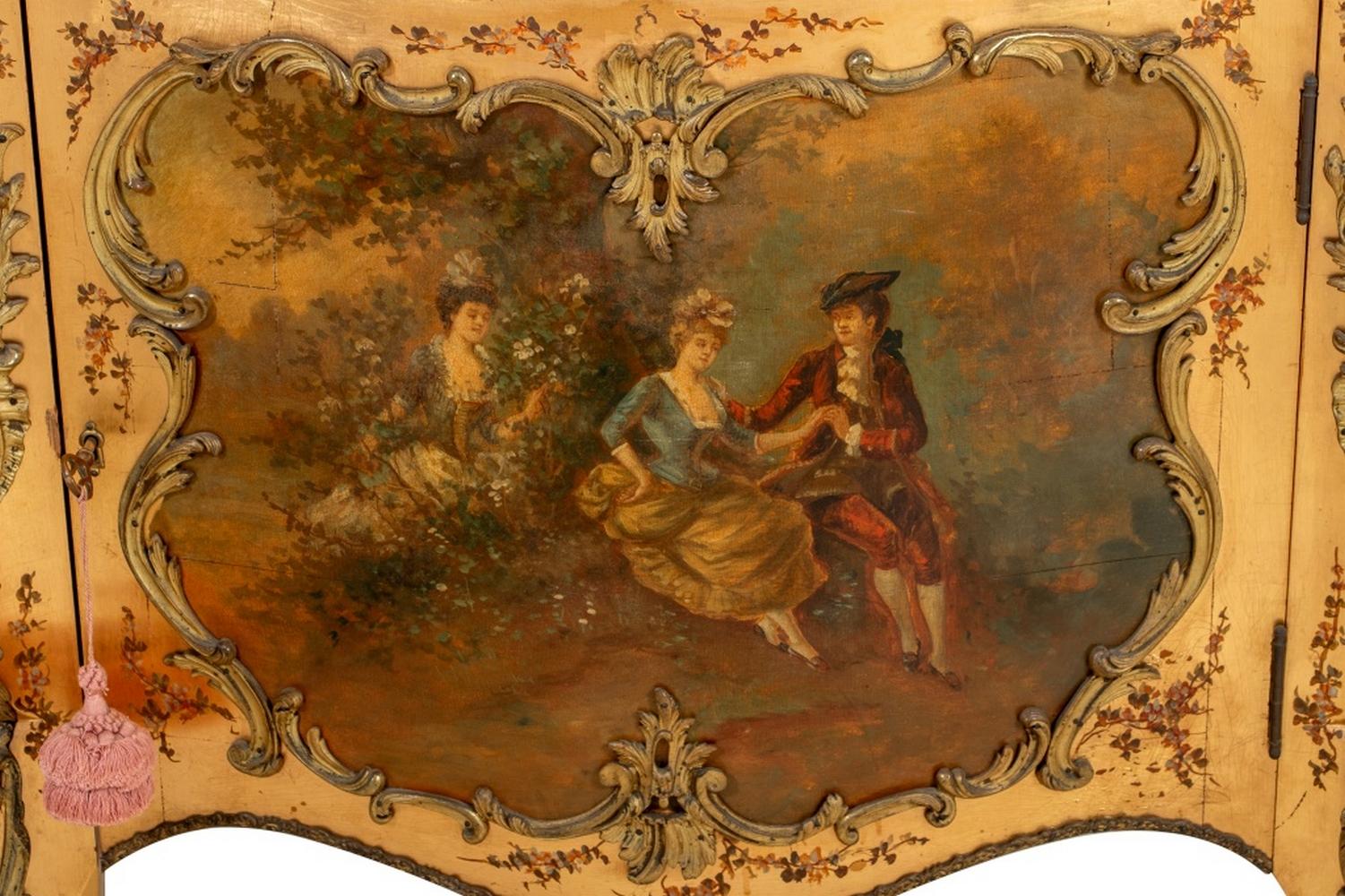 Louis XV Style Gilt Metal Mounted Vernis Martin Decorated Vitrine from the early 20th century. The Bombe form, an upper section with glazed door enclosing two adjustable glass shelves and mirror back. Below is a cupboard decorated with a central
