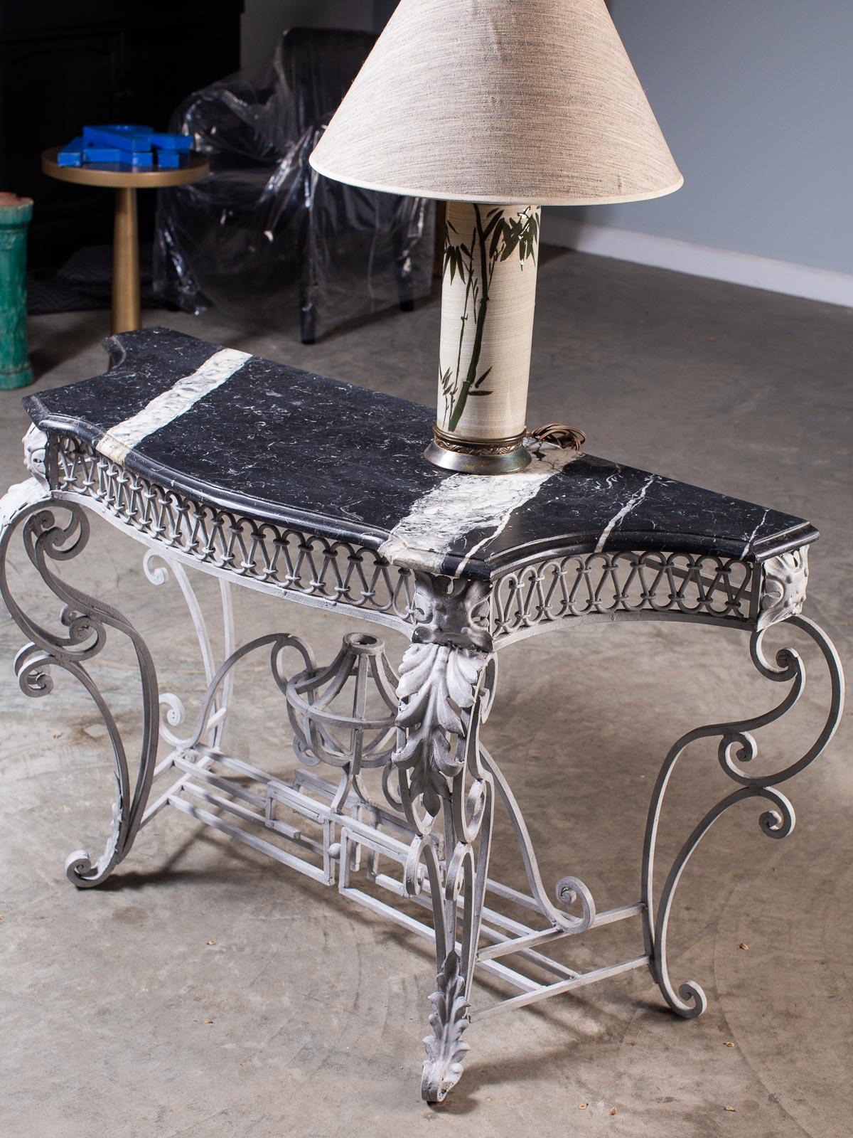 Beveled Louis XV Style Vintage French Painted Iron Marble-Top Console Table, circa 1940 For Sale