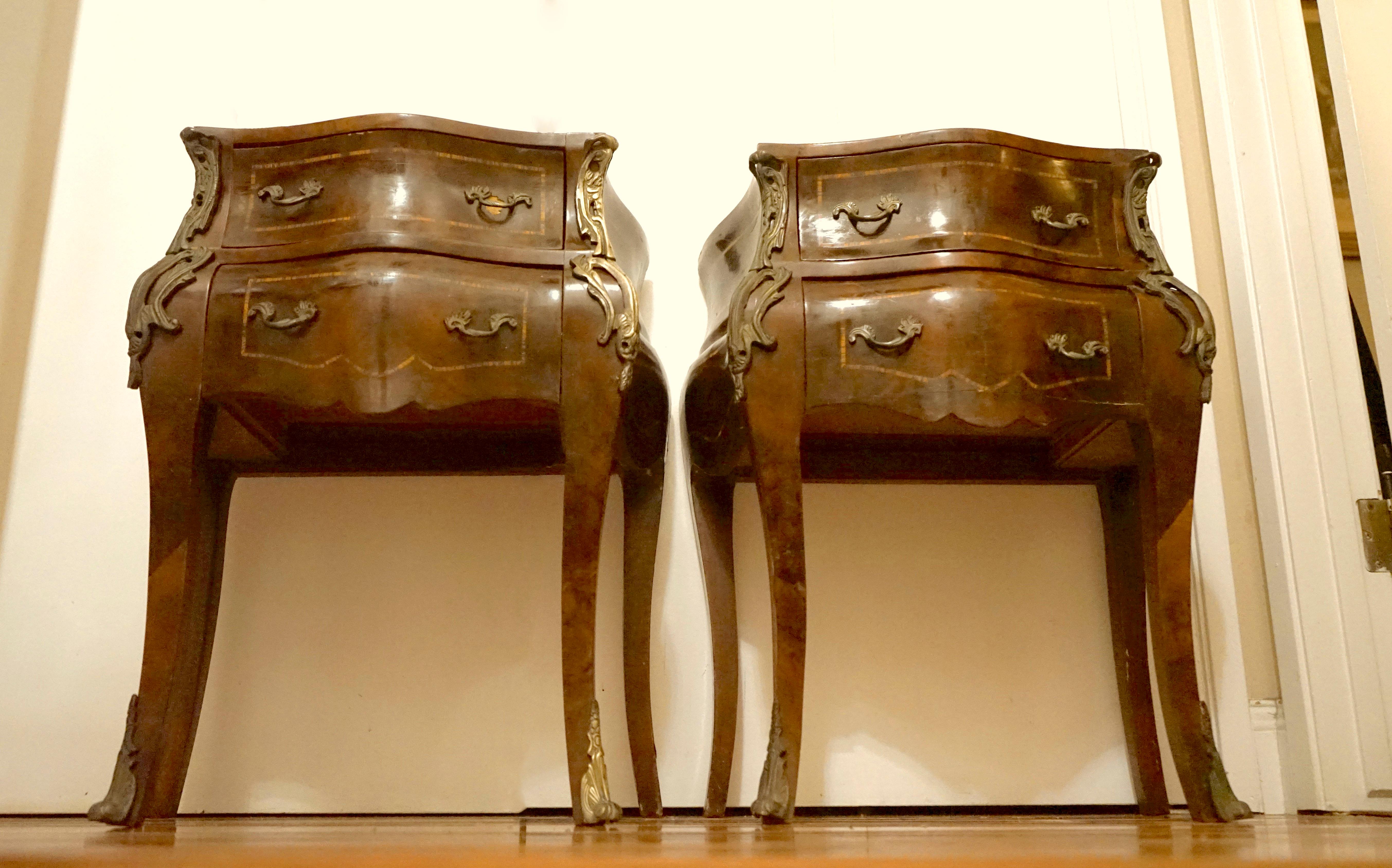 Louis XV Style Vintage Pair of Ormolu Parquetry 1950s Nightstands For Sale 2