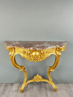 Wandkonsole im Stil Louis XV aus vergoldetem Holz und Marmor, 19.