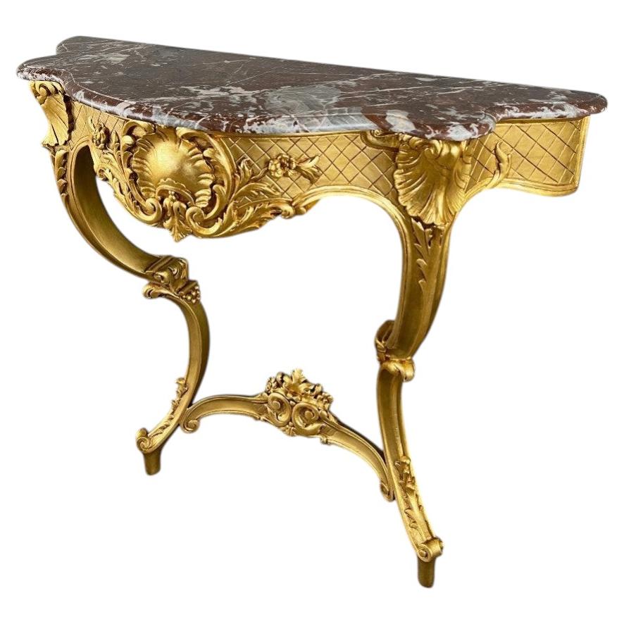 Louis XV Style Wall Console In Gilded Wood And Marble, 19th Century For Sale
