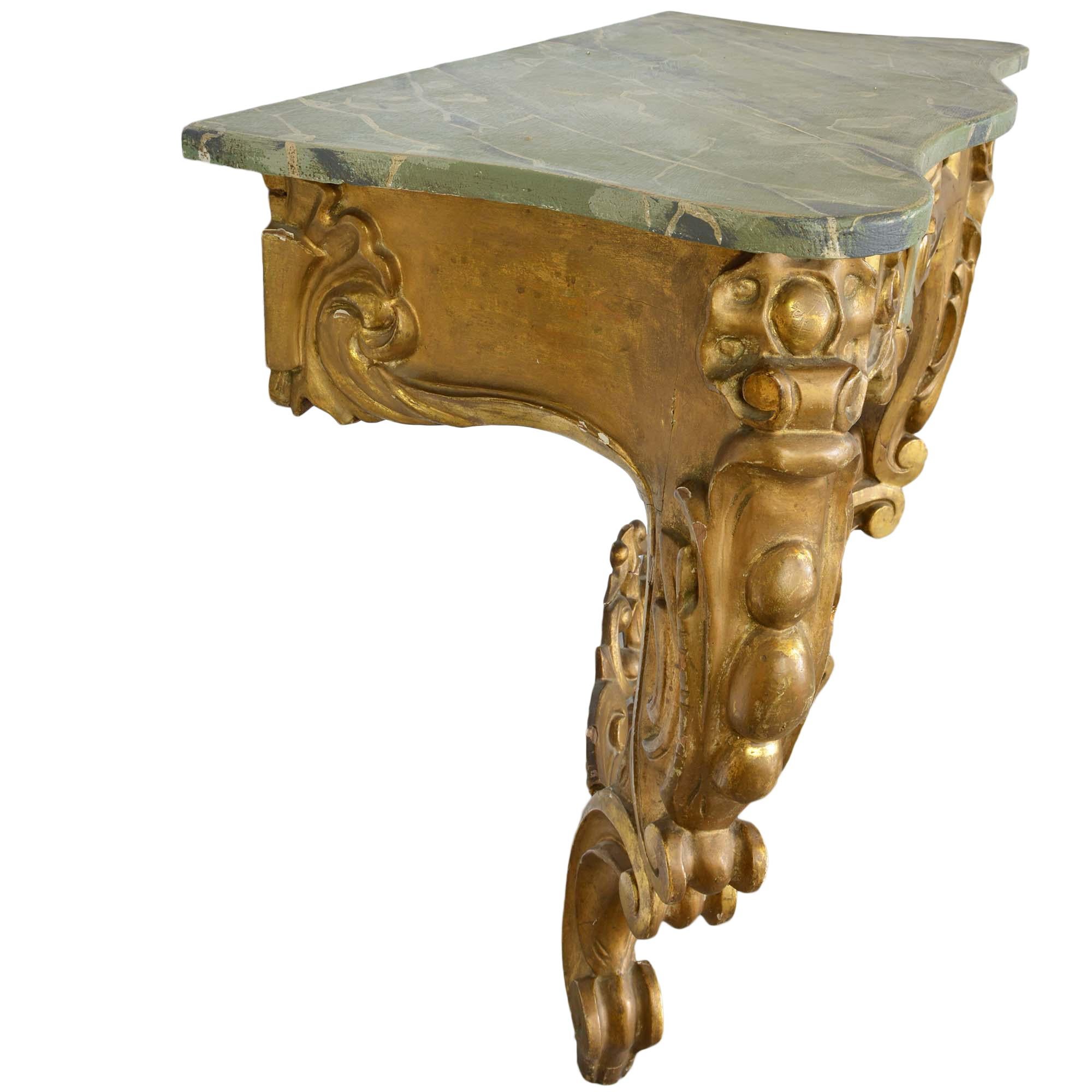 European Louis XV Style Wall Mounted Console Gilded Wood Faux Marble Top For Sale