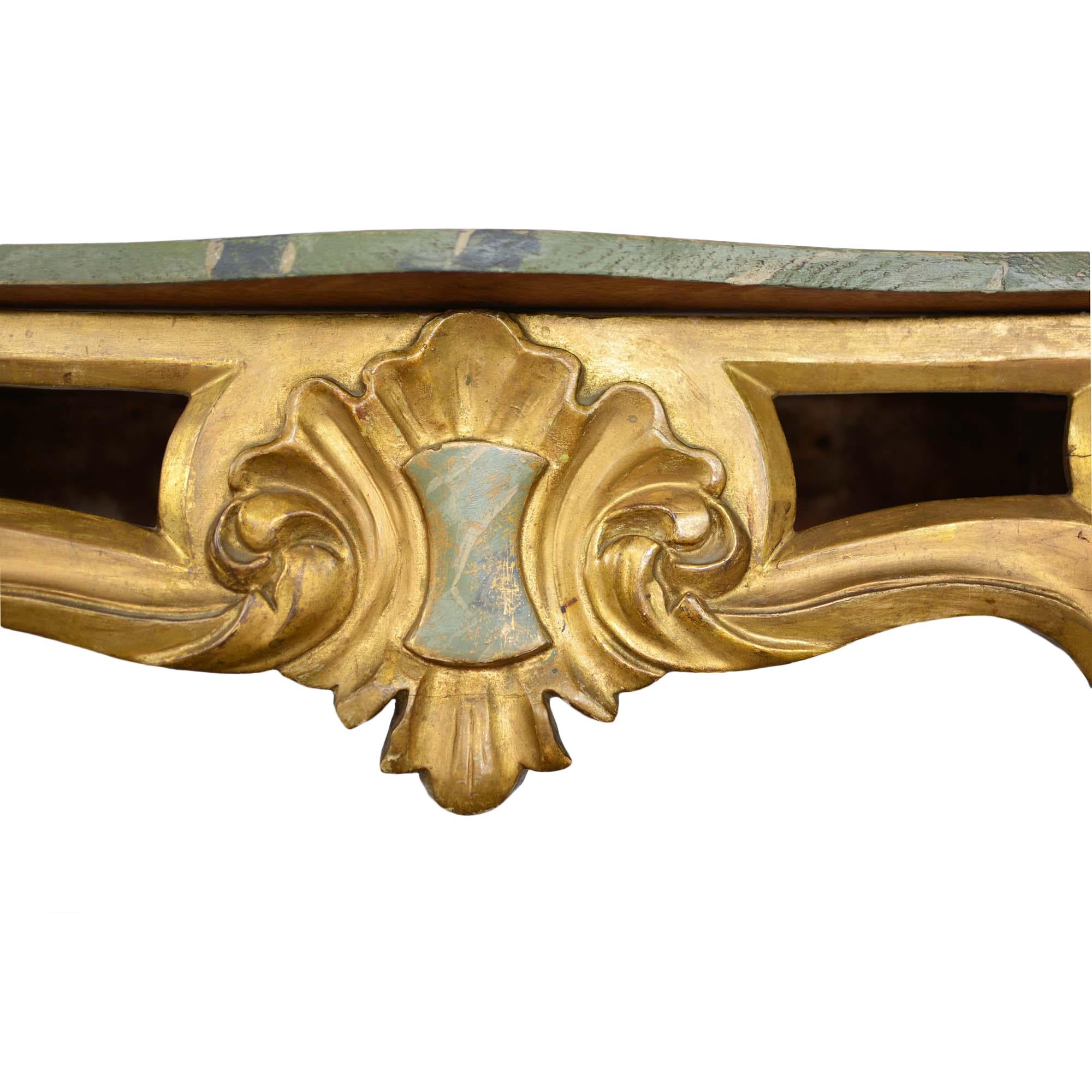 20th Century Louis XV Style Wall Mounted Console Gilded Wood Faux Marble Top For Sale