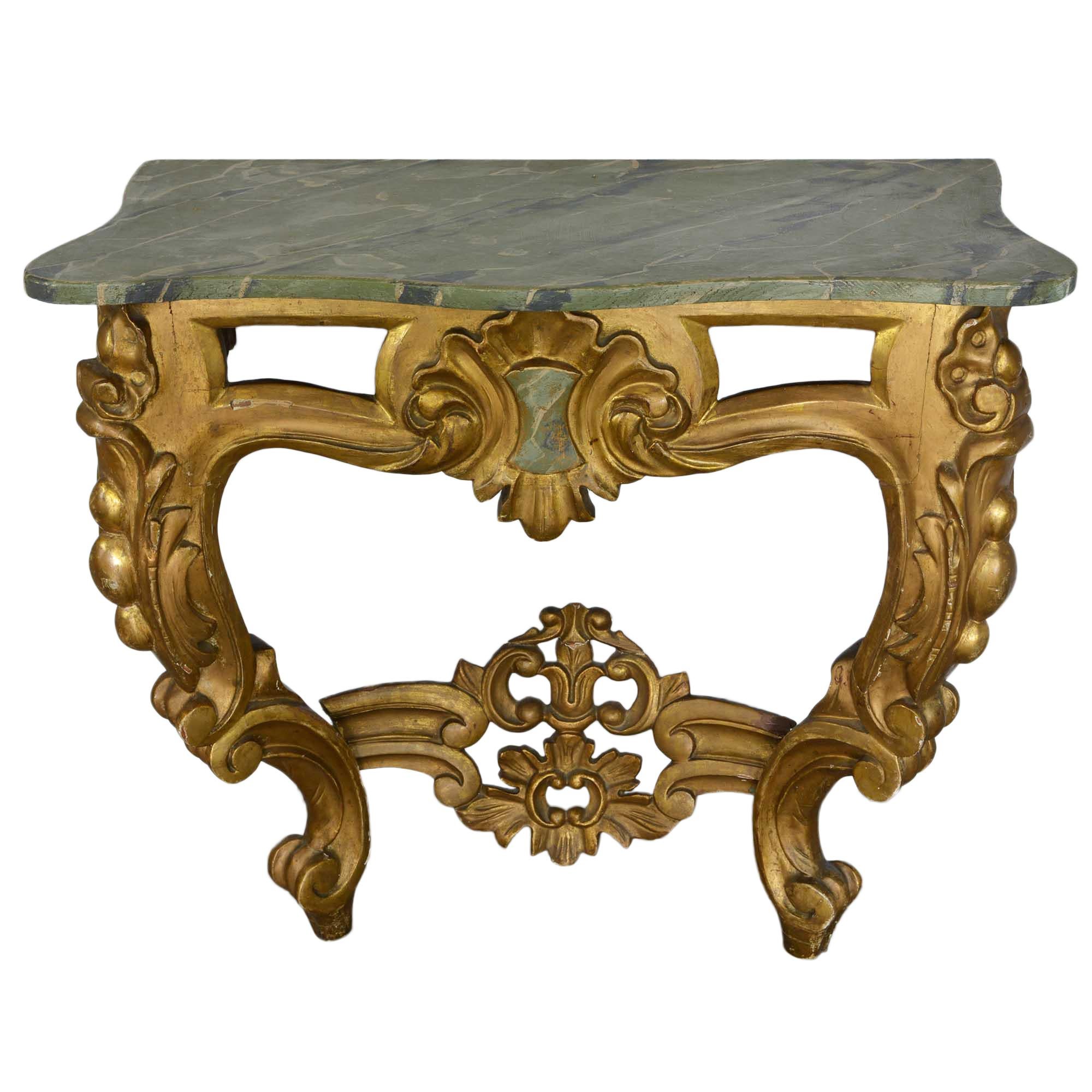 Louis XV Style Wall Mounted Console Gilded Wood Faux Marble Top For Sale 3