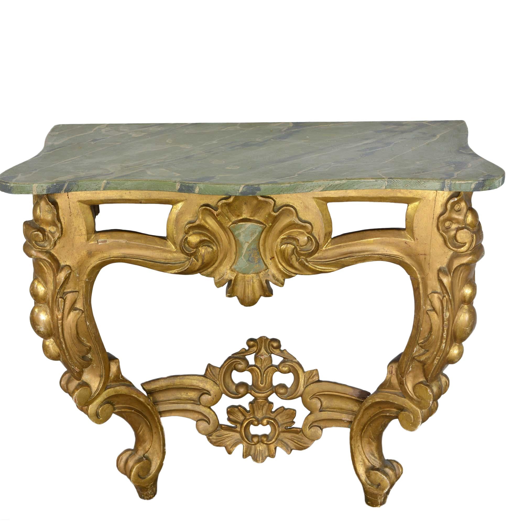 Louis XV Style Wall Mounted Console Gilded Wood Faux Marble Top For Sale
