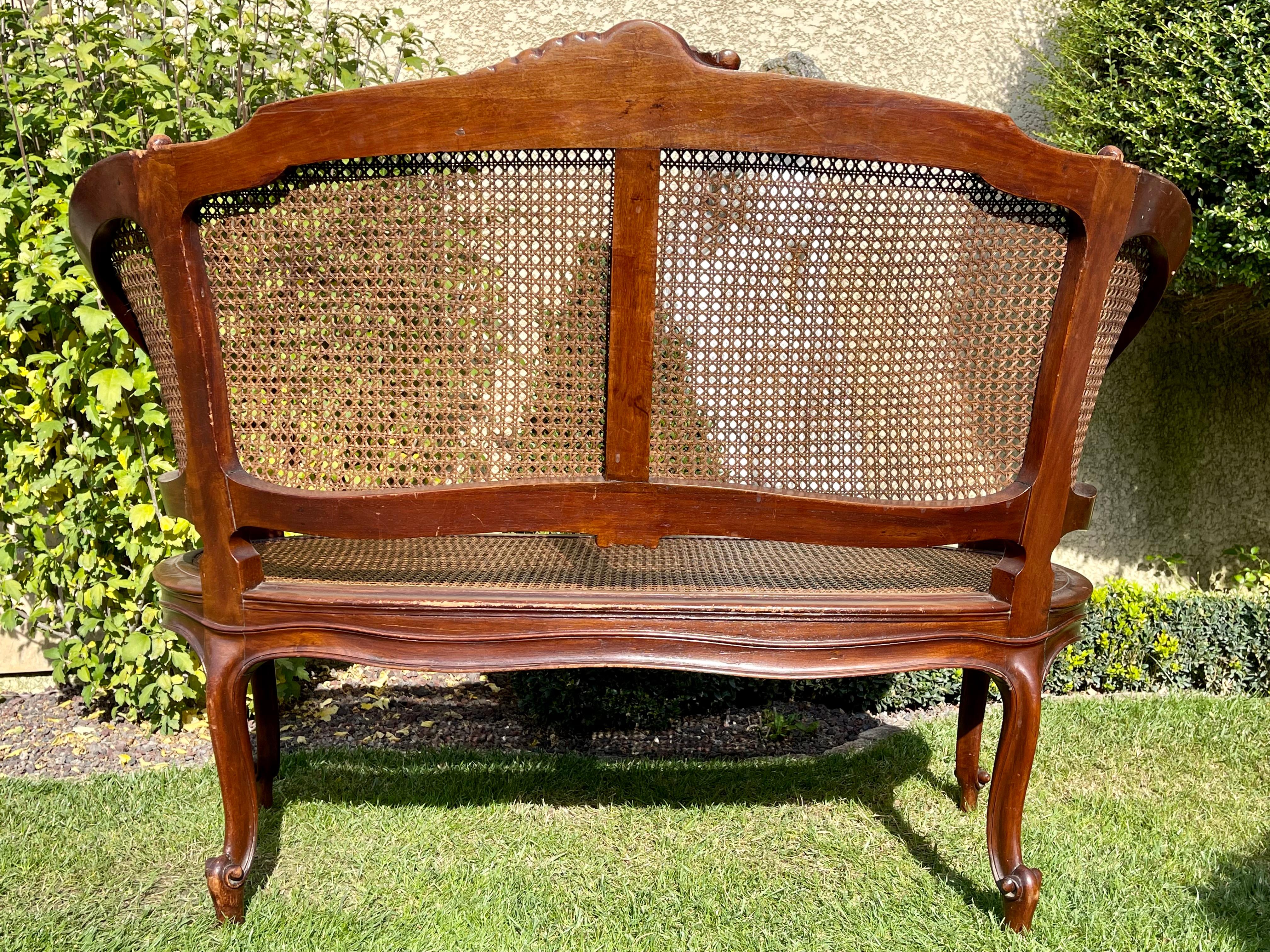 Divano in stile Louis XV, noce e canne, XIX secolo 4