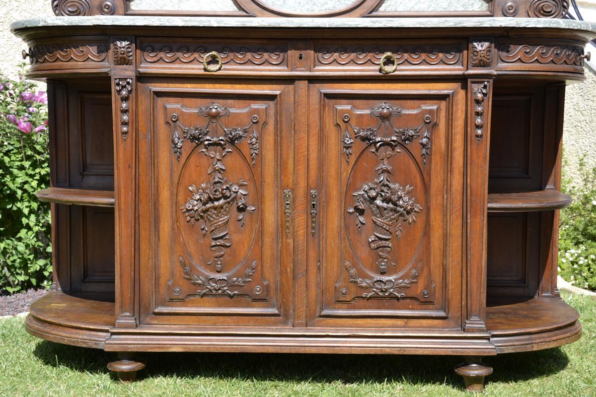 Louis XV Style, Walnut and Marble Carved Cabinet, 19th Century For Sale 1