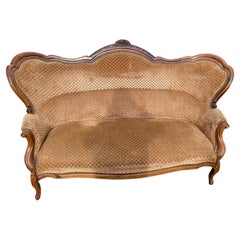 Louis XV Style Walnut and Velvet Three seats Sofa