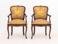 Pair of Louis XV Style Walnut Armchairs with Floral Upholstery