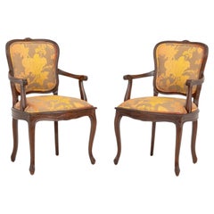 Pair of Louis XV Style Walnut Armchairs with Floral Upholstery