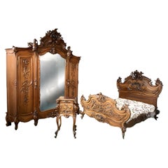 Louis XV Style Hand-Carved Walnut Bedroom Set, Antique French, 1890