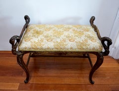 Louis XV Style Walnut Bench with Swan Form Terminals and Yellow Brocade Seat