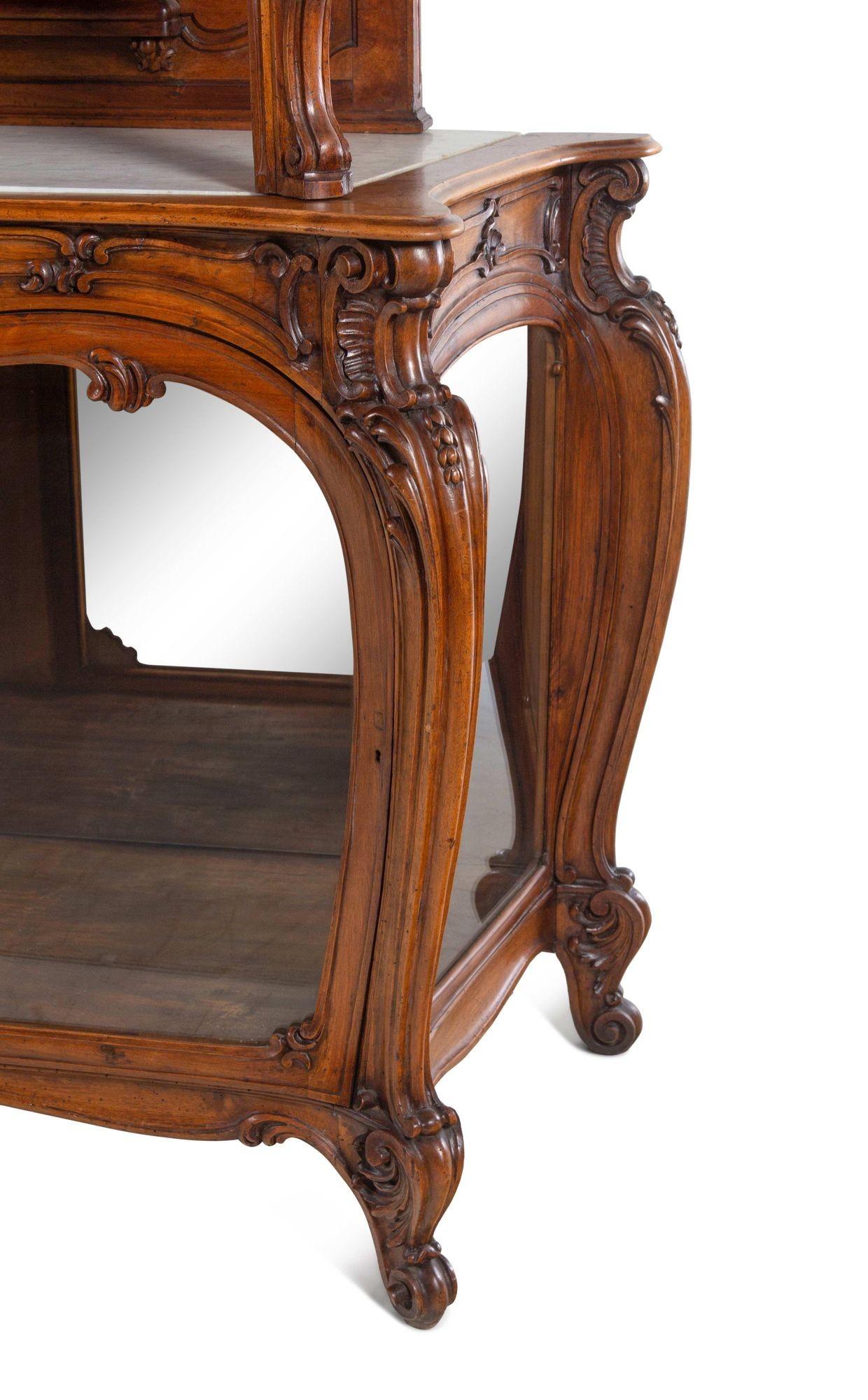 19th Century Louis XV Style Walnut Buffet Deux Corps with Mirrored Back, France, Mid-19th C. For Sale