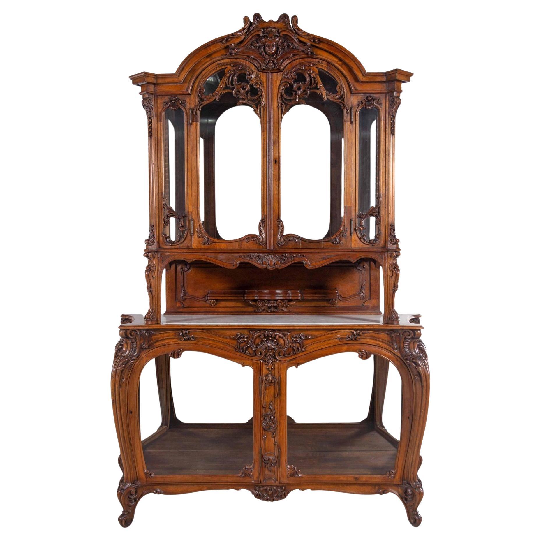 Louis XV Style Walnut Buffet Deux Corps with Mirrored Back, France, Mid-19th C. For Sale