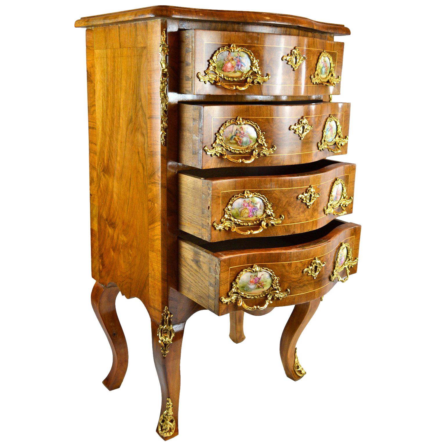 Louis XV Style Walnut Chest with Gilt Bronze Mounts and Porcelain Plaques 4