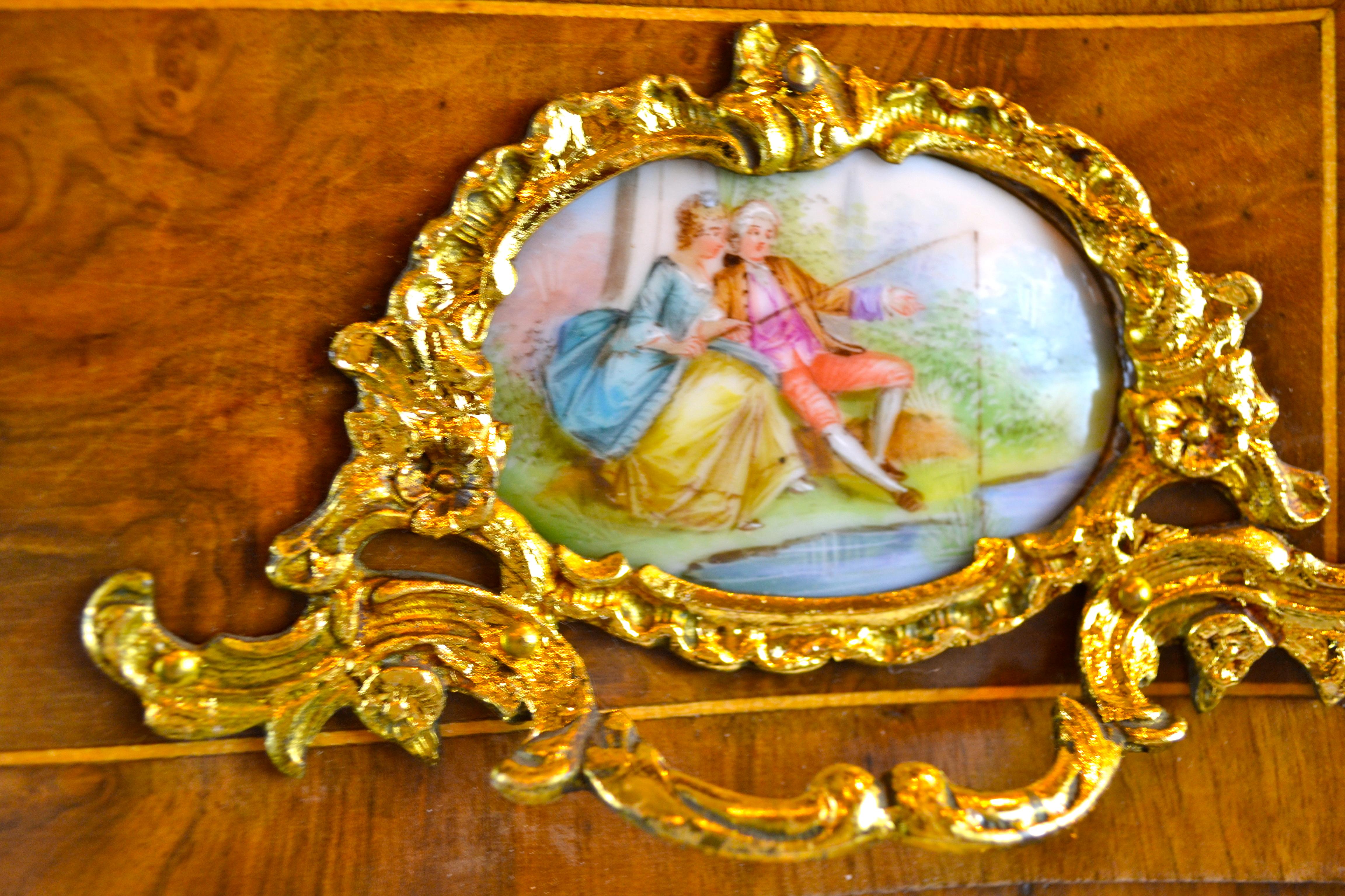 Louis XV Style Walnut Chest with Gilt Bronze Mounts and Porcelain Plaques In Good Condition In Vancouver, British Columbia
