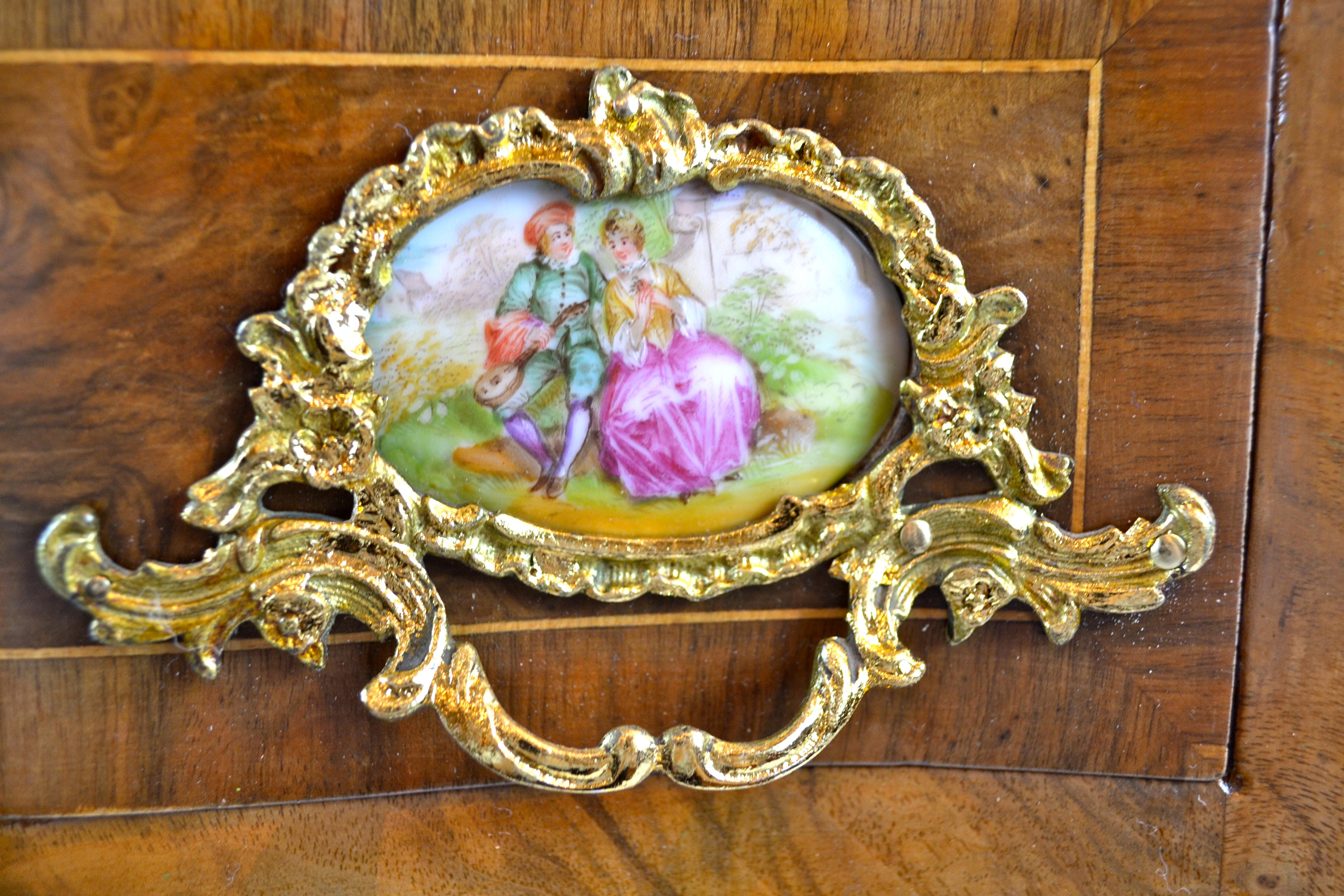 Louis XV Style Walnut Chest with Gilt Bronze Mounts and Porcelain Plaques 3