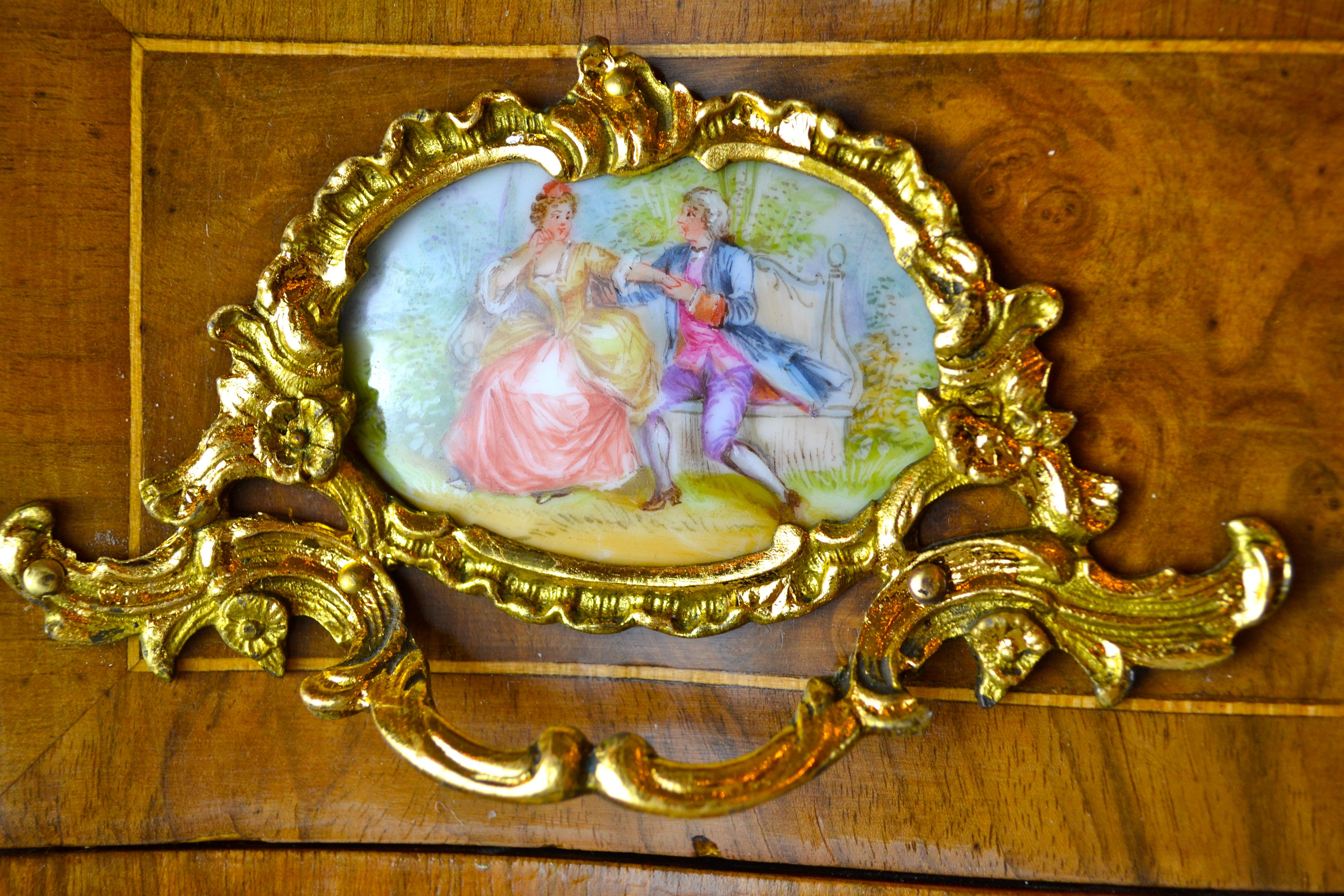 French Louis XV Style Walnut Chest with Gilt Bronze Mounts and Porcelain Plaques