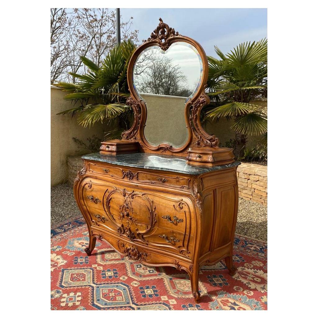 French Louis XV Style Walnut Dresser-Dressing Table, 19th Century