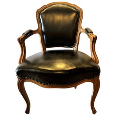 Louis XV Style Walnut Fauteuil / Arm or Office Chair Black Leather Upholstery