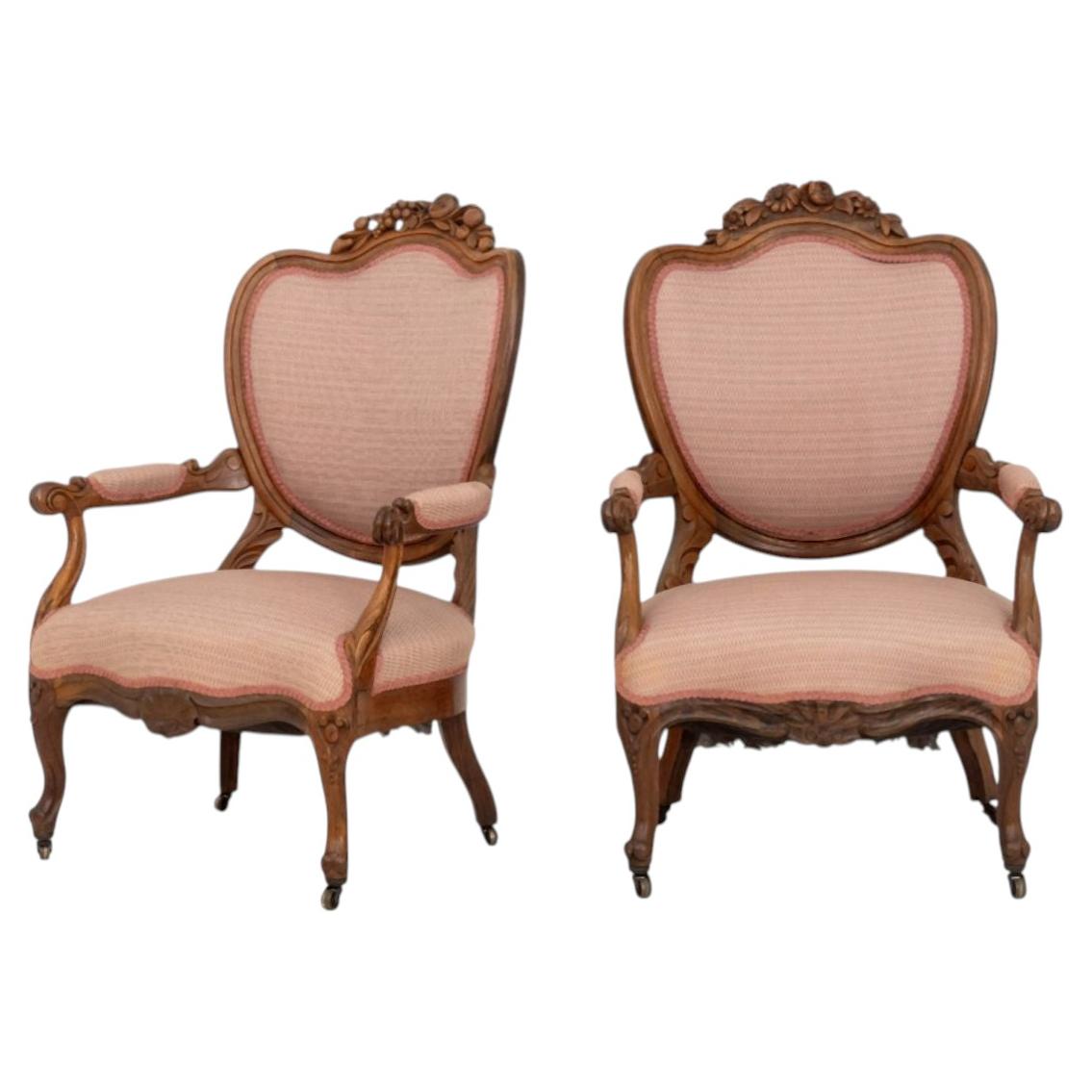 Pair of Louis XVI Style Walnut Fauteuils, Pink Upholstery For Sale