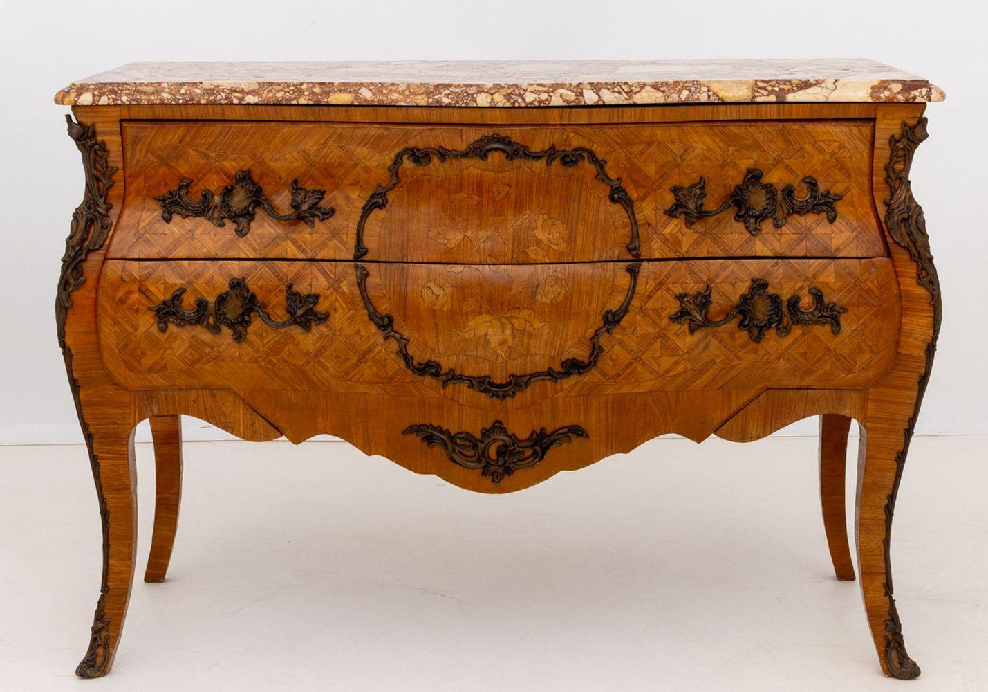 Louis XV Style Walnut Marquetry Bombe Commode, 19th century, with breccia pernice serpentine marble top above two drawers with bronze floral mounts and drawer pulls on four cabriole legs. 35.75