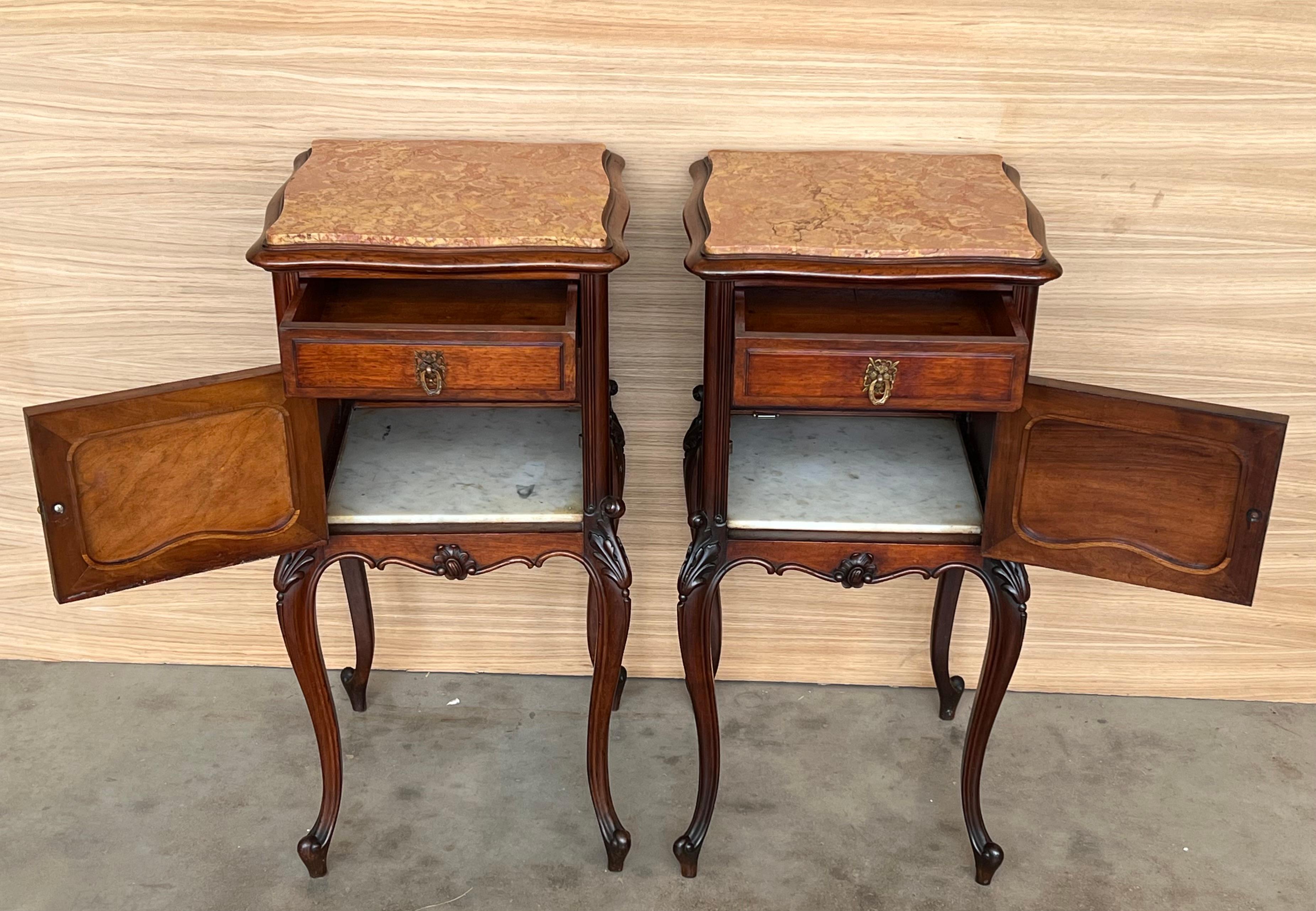 Louis XV Style Walnut Nightstands with Marble Top, 1930s, Set of 2 For Sale 5