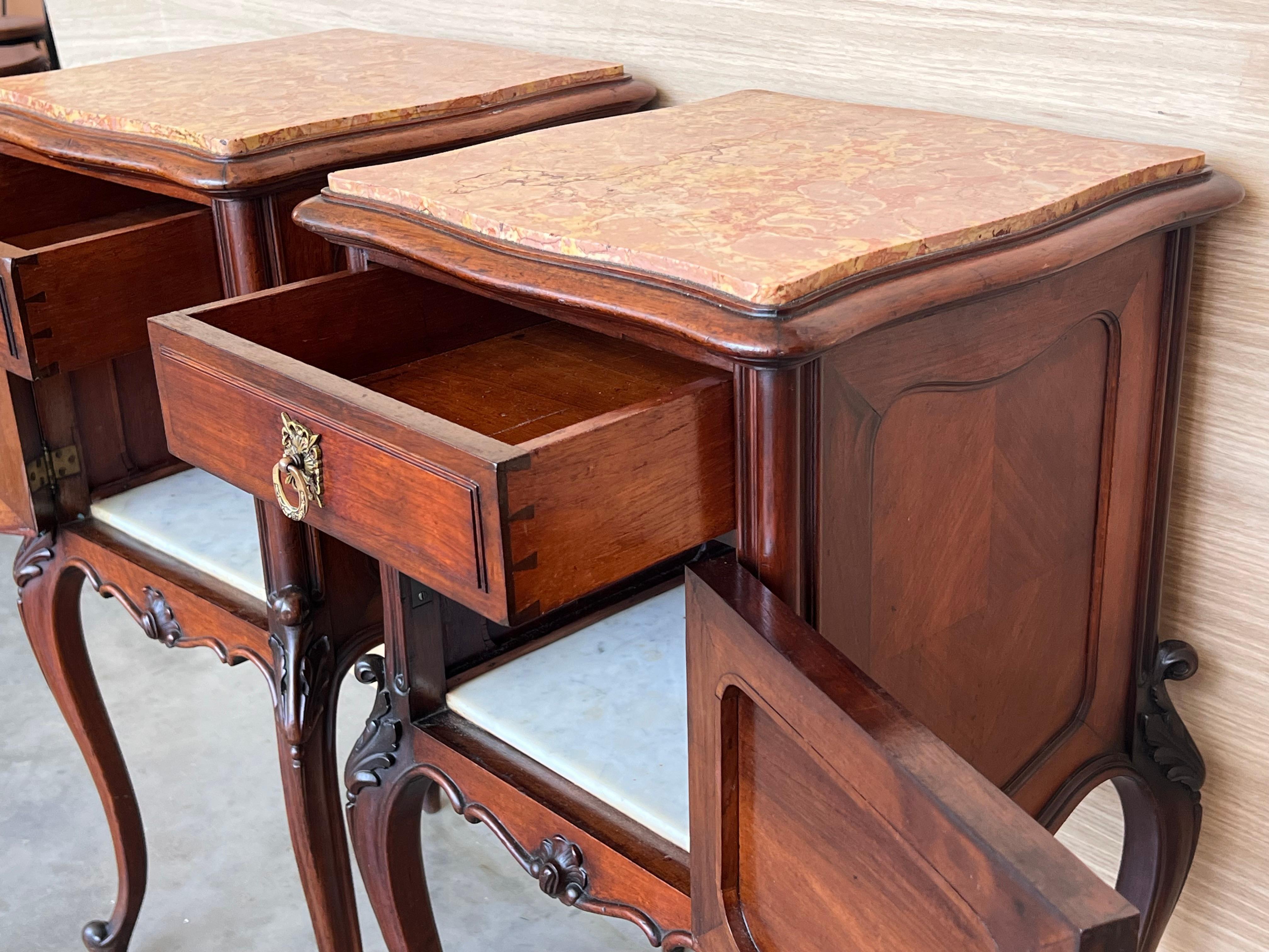 Louis XV Style Walnut Nightstands with Marble Top, 1930s, Set of 2 For Sale 6
